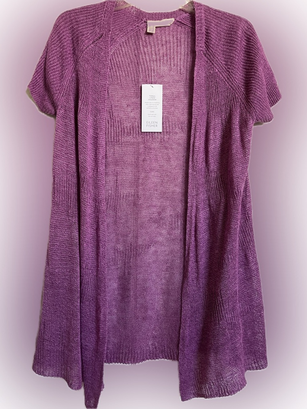 NWT Eileen FisherPurple Tonal Linen Shadow Open-Front Short-Sleeve Knit Cardigan